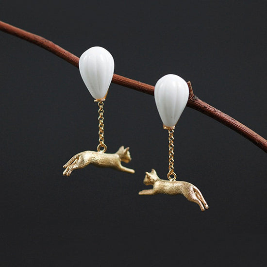 Handmade 'A Cat and a Hot Air Balloon' Drop Earrings for Girls - Gold and Sterling Silver 925