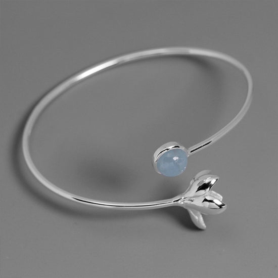 Handmade Aquamarine Magnolia Bangle - Sterling Silver 925