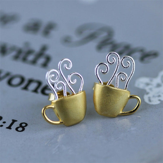 Handmade 'Hot Coffee Cup' Stud Earrings - Gold and Sterling Silver 925