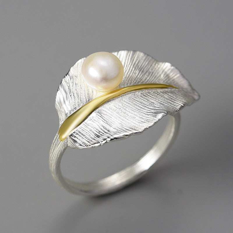Lovely Pearl on a Leaf Open Ring