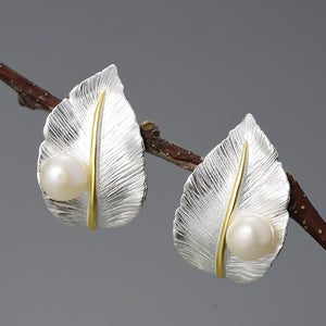 Lovely Pearl on a Leaf  Studs