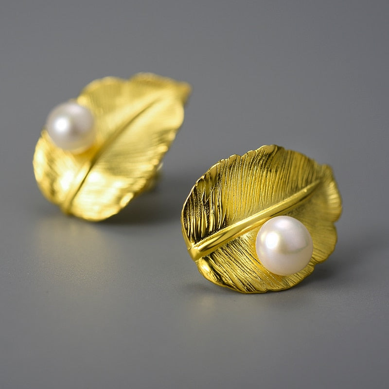 Lovely Pearl on a Leaf  Studs