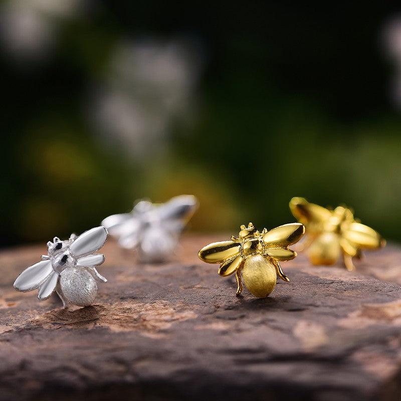 Handmade Cute Honeybee Stud Earrings - Sterling Silver 925