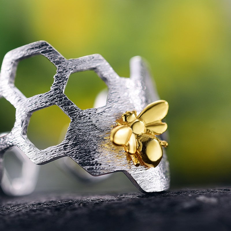 Handmade Honeycomb Gold Bee Silver Rings