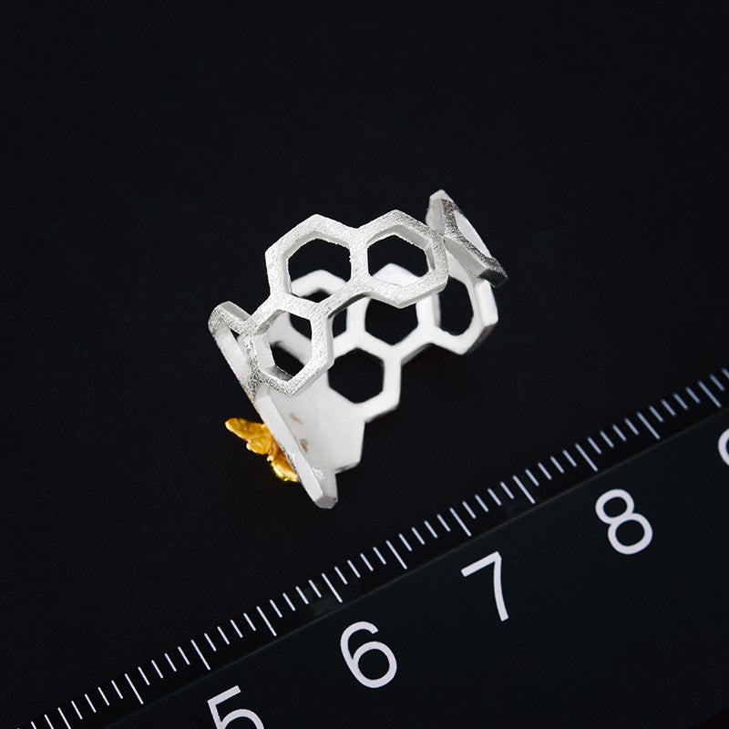 Handmade Honeycomb Gold Bee Silver Rings