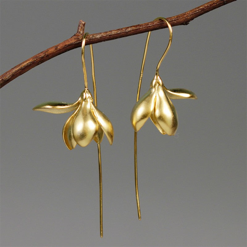 Handmade Elegant Magnolia Flower Dangle Earrings - Sterling Silver 925