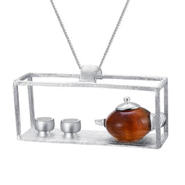 Amber Teapot Design Pendant Necklace